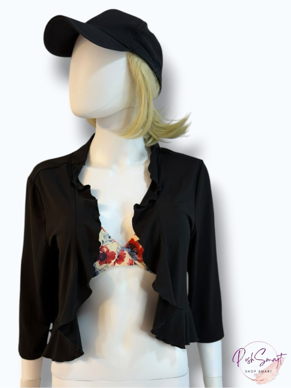 Just Love Black Ruffle Open Front Cropped Bolero Shrug Cardigan | Size M